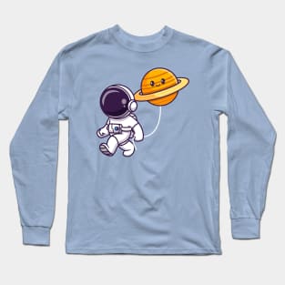 Cute Astronaut Walking With Cute Saturn Planet Cartoon Long Sleeve T-Shirt